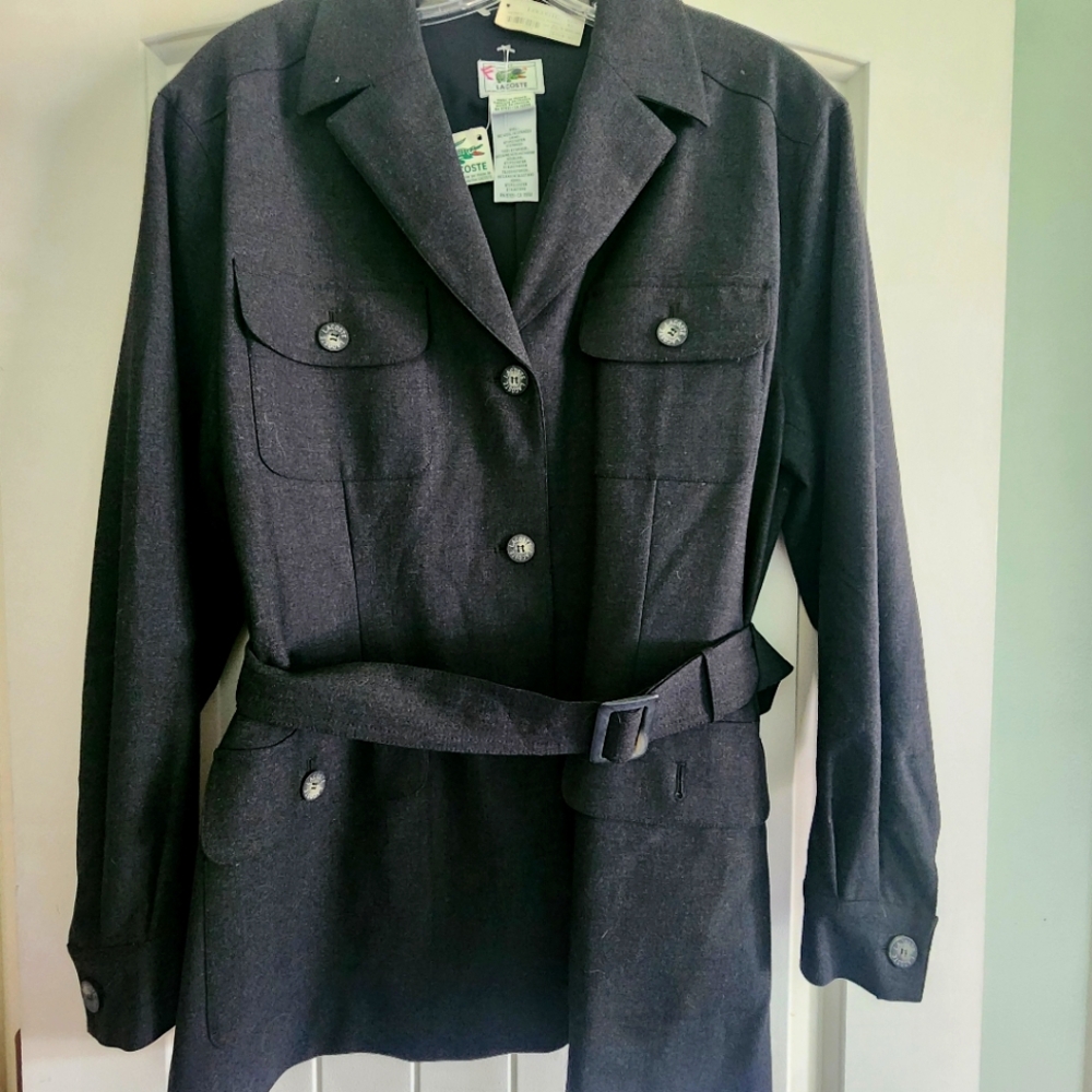 Lacoste Gray Utility Jacket with Belted Waist and Tailored Silhouette Wool